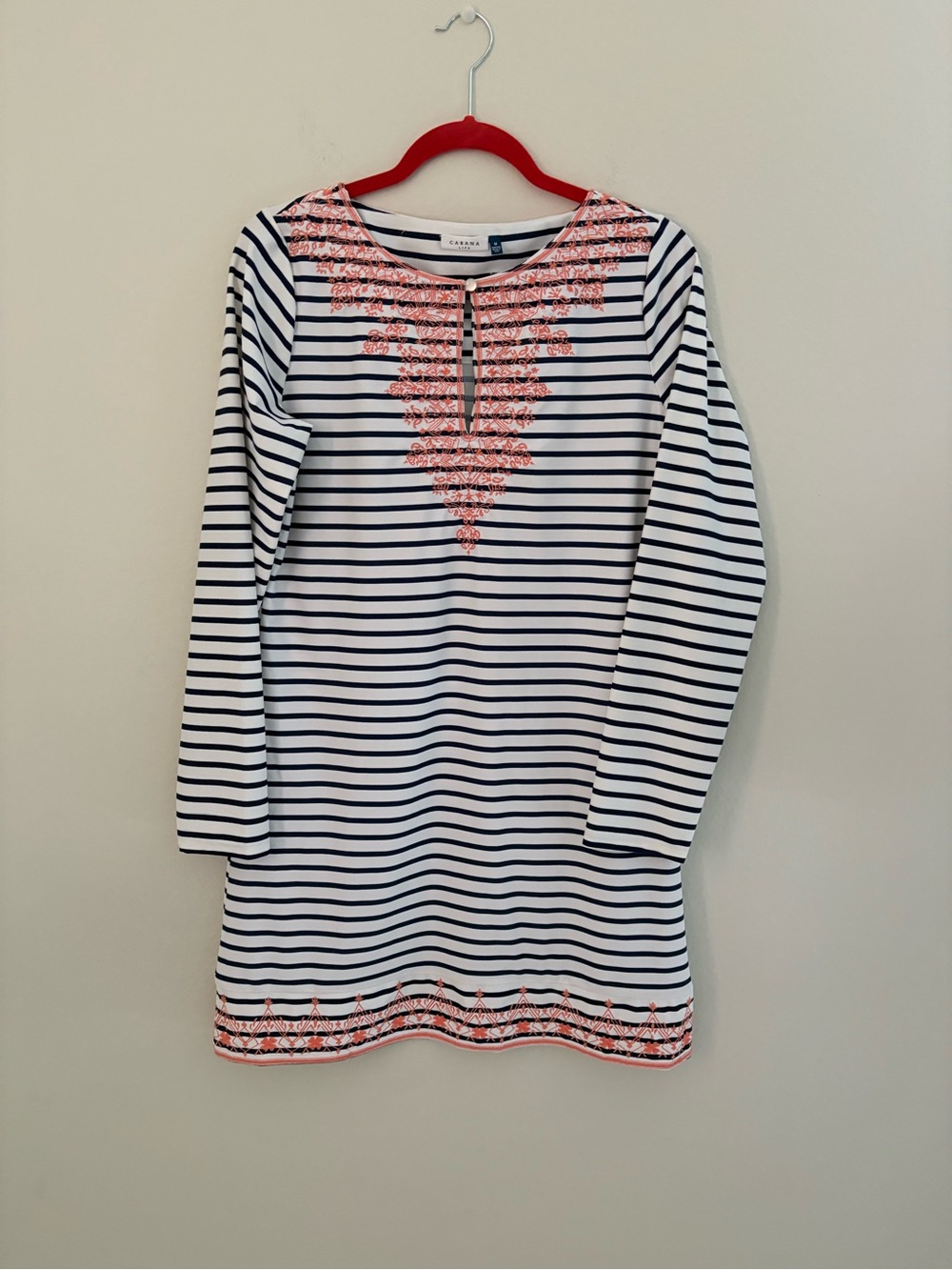 Woman’s Navy & White Striped Dress with Coral Embroidery